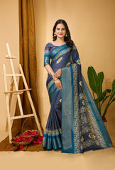 Runglory Blue Dola Silk Saree with Contrast Border
