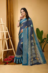Runglory Blue Dola Silk Saree with Contrast Border