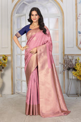 Elegant Rose Pink Banarasi Silk Saree with Contrast Navy Blue Blouse
