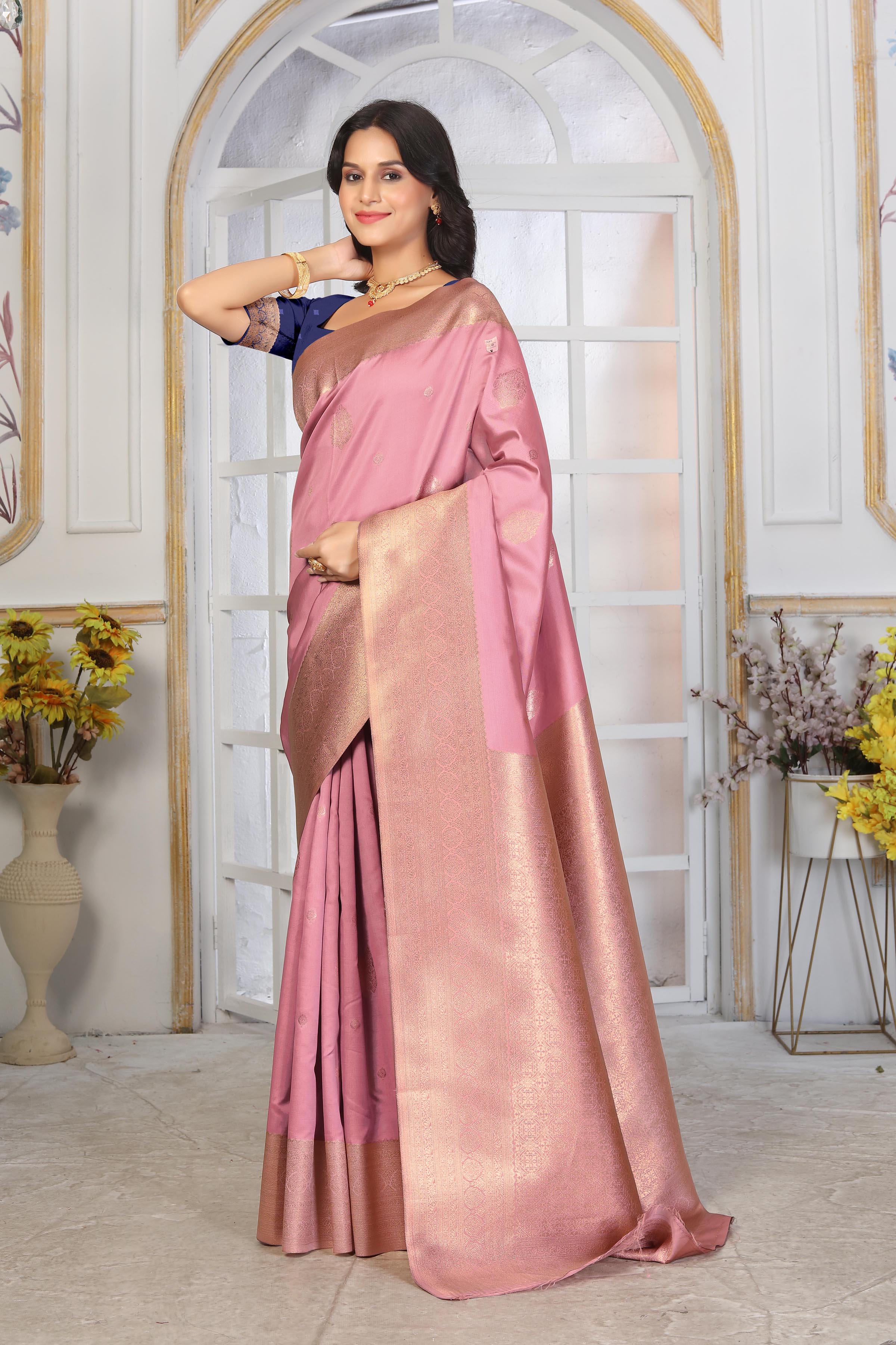 Elegant Rose Pink Banarasi Silk Saree with Contrast Navy Blue Blouse