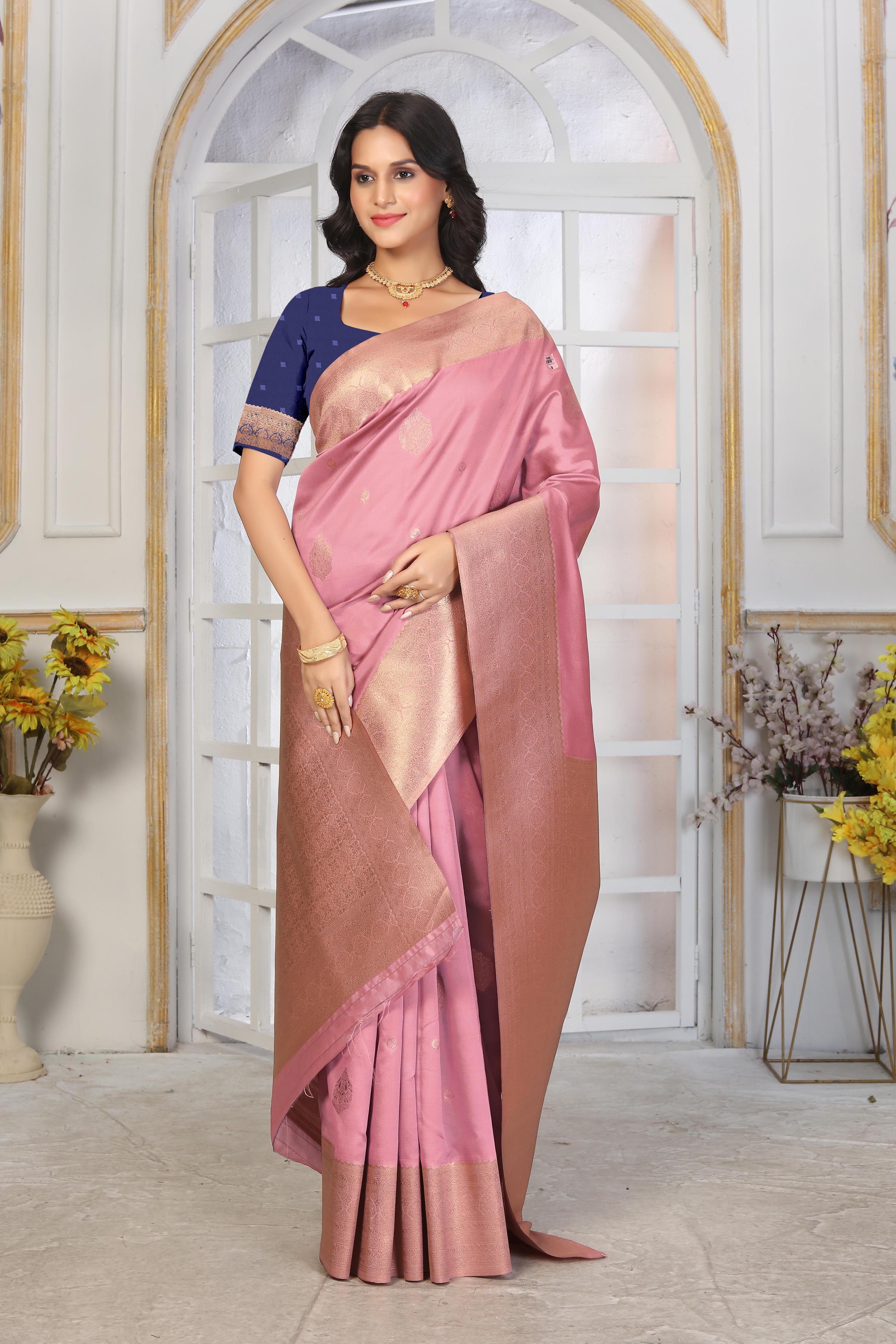 Elegant Rose Pink Banarasi Silk Saree with Contrast Navy Blue Blouse