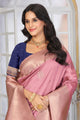 Elegant Rose Pink Banarasi Silk Saree with Contrast Navy Blue Blouse