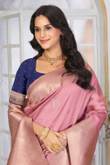 Elegant Rose Pink Banarasi Silk Saree with Contrast Navy Blue Blouse