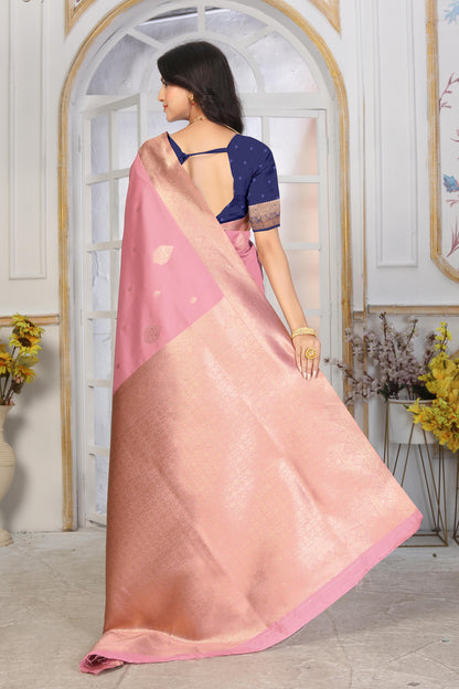 Elegant Rose Pink Banarasi Silk Saree with Contrast Navy Blue Blouse