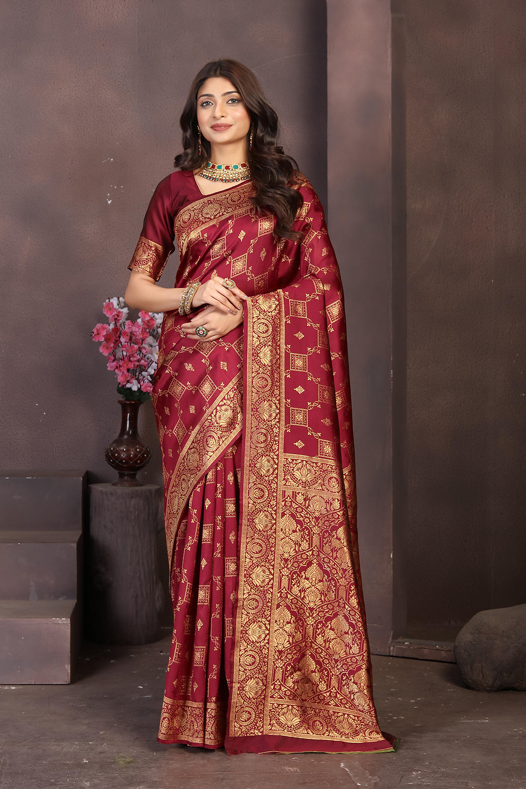 Rich Maroon Banarasi Silk Saree with Intricate Golden Zari Work
