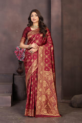 Rich Maroon Banarasi Silk Saree with Intricate Golden Zari Work