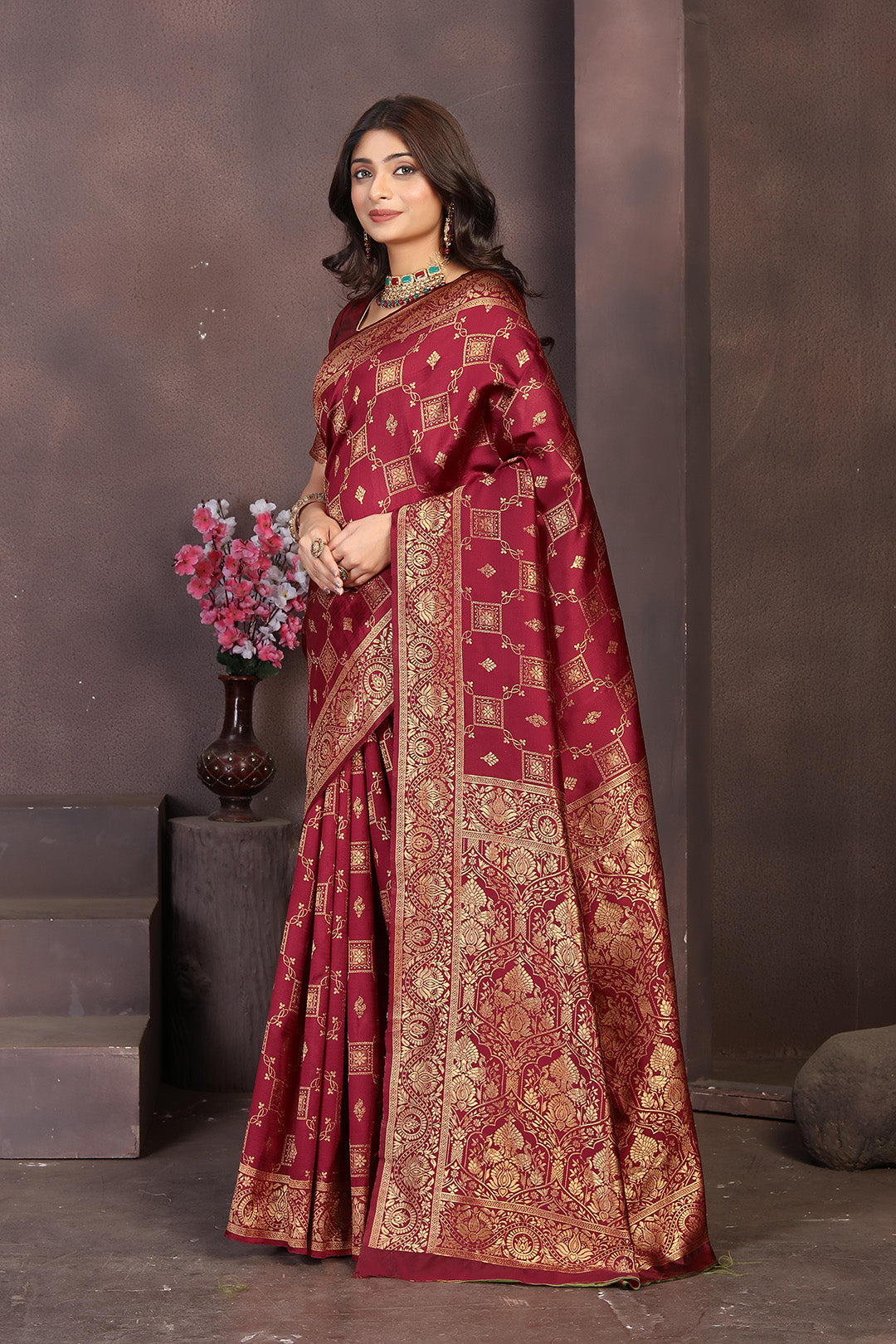 Rich Maroon Banarasi Silk Saree with Intricate Golden Zari Work