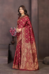 Rich Maroon Banarasi Silk Saree with Intricate Golden Zari Work