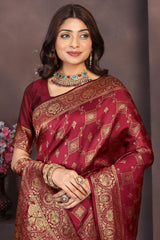 Rich Maroon Banarasi Silk Saree with Intricate Golden Zari Work