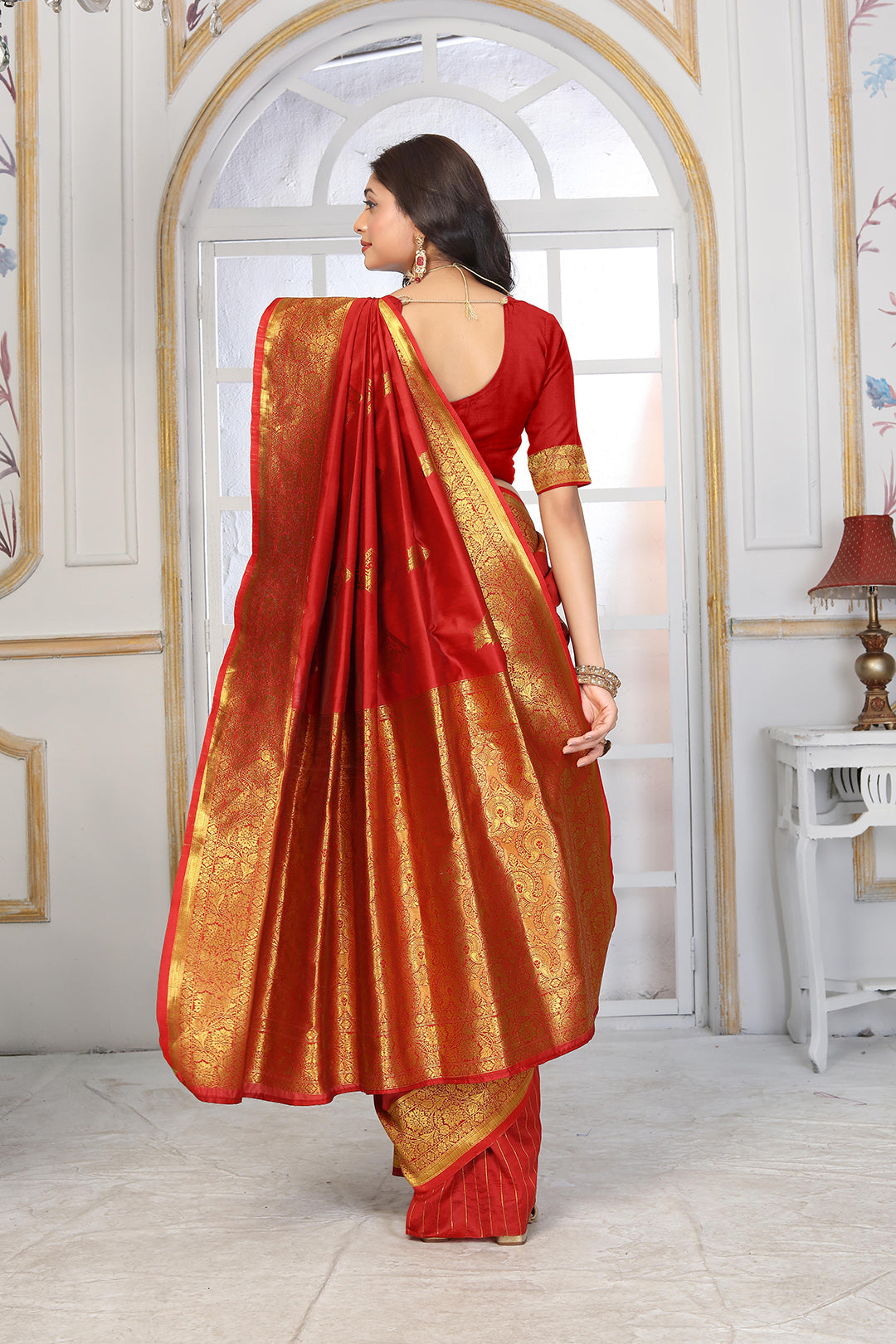Classic Red Banarasi Silk Saree with Grand Golden Zari Border