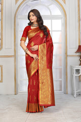Classic Red Banarasi Silk Saree with Grand Golden Zari Border