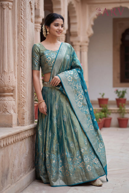 Elegant Teal Banarasi silk Lehenga Set