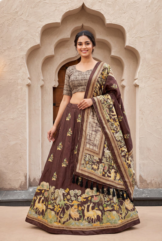 Brown Dola Silk Digital Print Lehenga Choli with Designer Heritage Print Dupatta