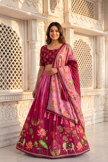 Premium Rani Pink Dola Silk Digital Print Lehenga Choli with Floral Designer Dupatta