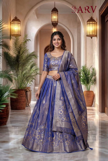 Royal Blue Banarasi Silk Lehenga Set With Zari Woven Motifs