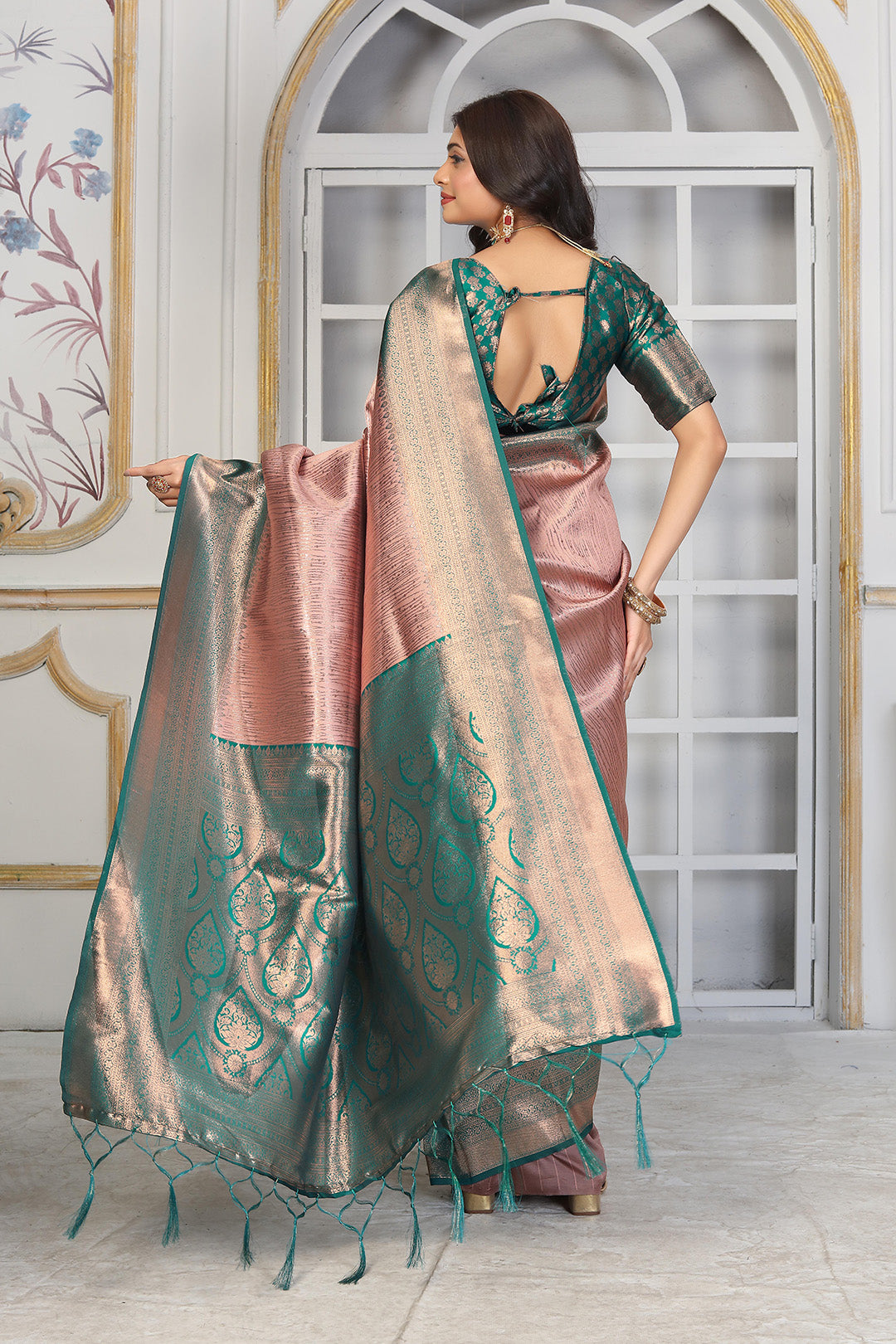 Elegant Rose Gold & Teal Jacquard Silk Saree with Intricate Zari Work