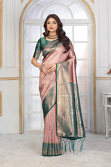 Elegant Rose Gold & Teal Jacquard Silk Saree with Intricate Zari Work