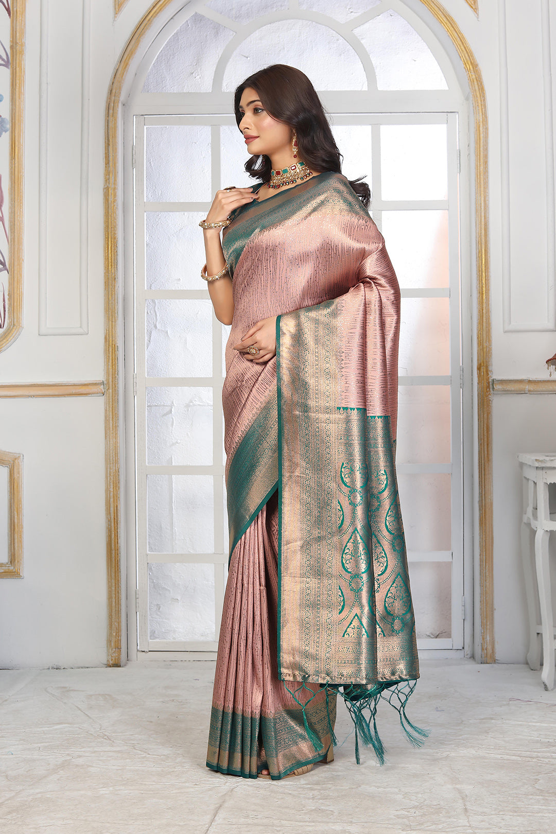 Elegant Rose Gold & Teal Jacquard Silk Saree with Intricate Zari Work