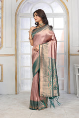 Elegant Rose Gold & Teal Jacquard Silk Saree with Intricate Zari Work