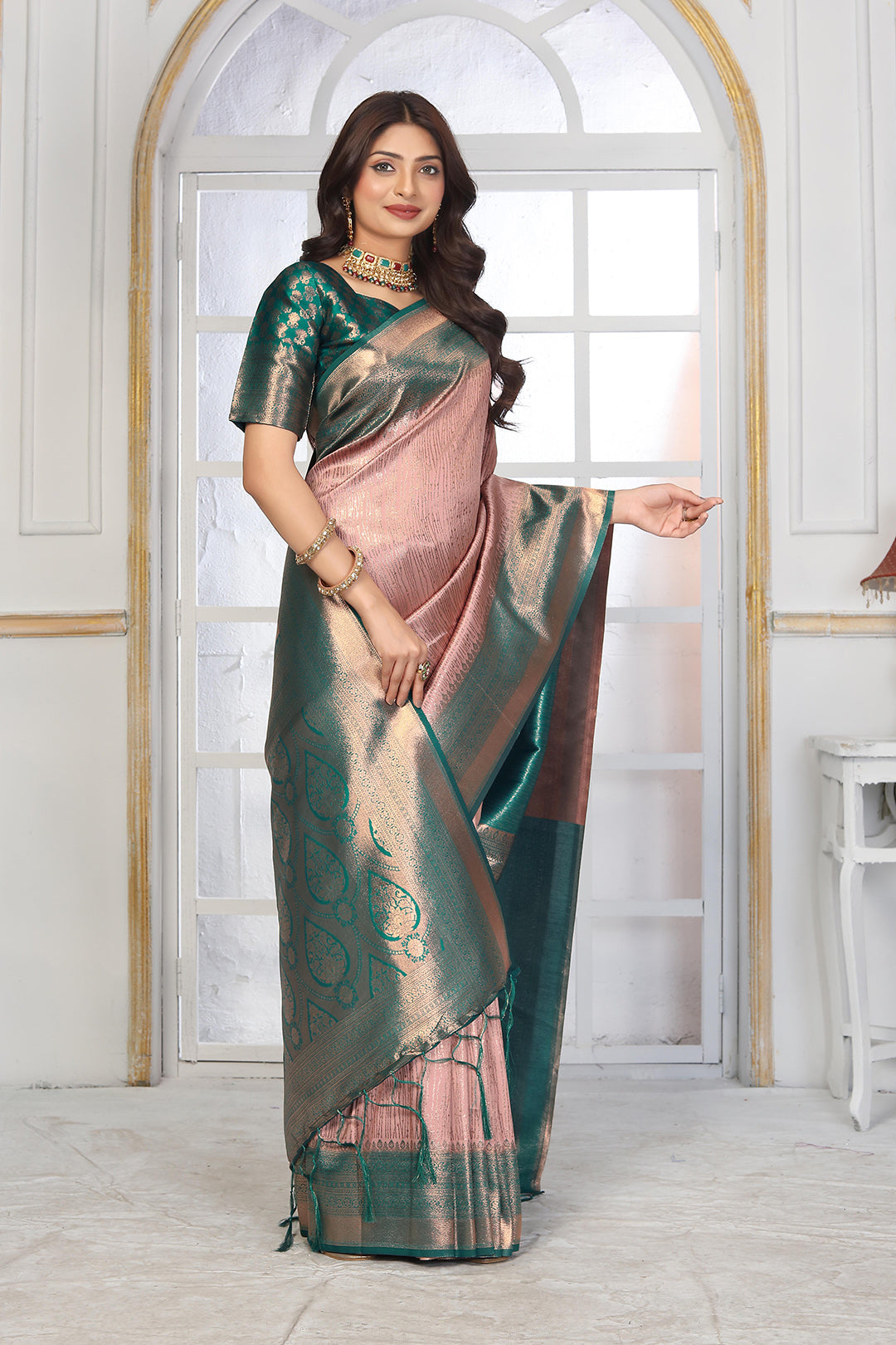 Elegant Rose Gold & Teal Jacquard Silk Saree with Intricate Zari Work