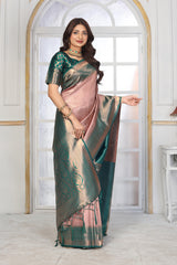 Elegant Rose Gold & Teal Jacquard Silk Saree with Intricate Zari Work