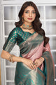 Elegant Rose Gold & Teal Jacquard Silk Saree with Intricate Zari Work