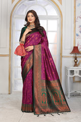 Regal Purple Jacquard Silk Saree with Heritage Temple Zari Pallu & Bottle Green Contrast Blouse