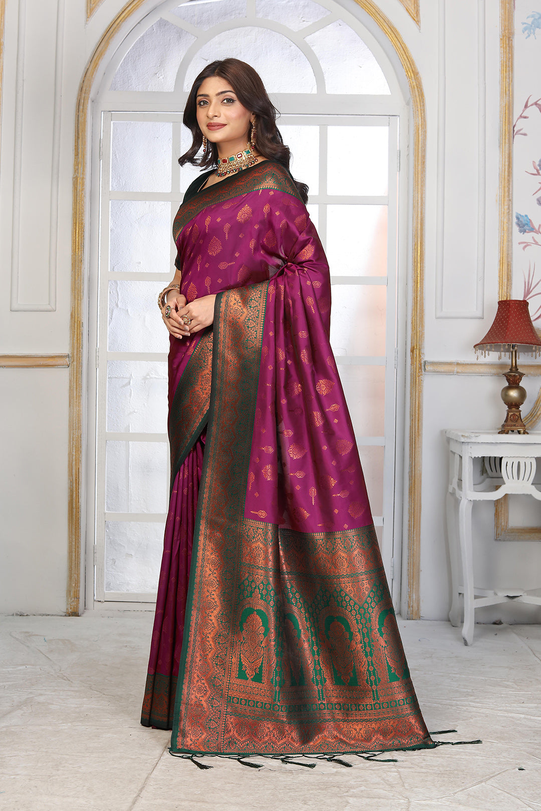 Regal Purple Jacquard Silk Saree with Heritage Temple Zari Pallu & Bottle Green Contrast Blouse
