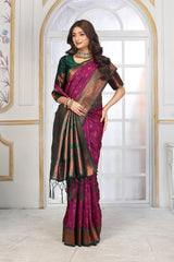 Regal Purple Jacquard Silk Saree with Heritage Temple Zari Pallu & Bottle Green Contrast Blouse