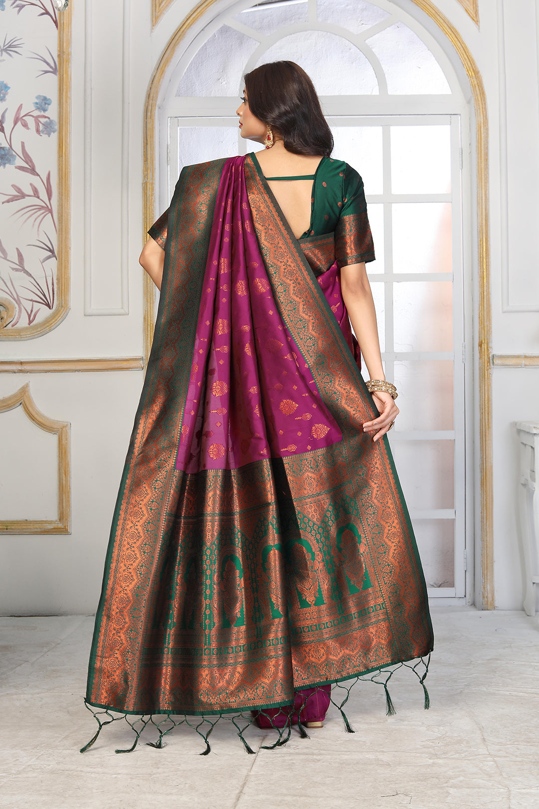 Regal Purple Jacquard Silk Saree with Heritage Temple Zari Pallu & Bottle Green Contrast Blouse
