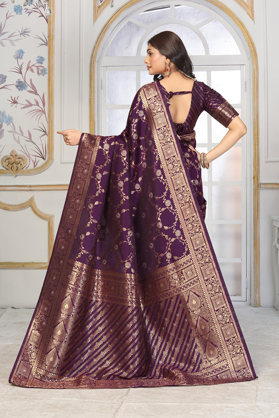 Imperial Purple Banarasi Jacquard Silk Saree with Grand Antique Gold Zari Work