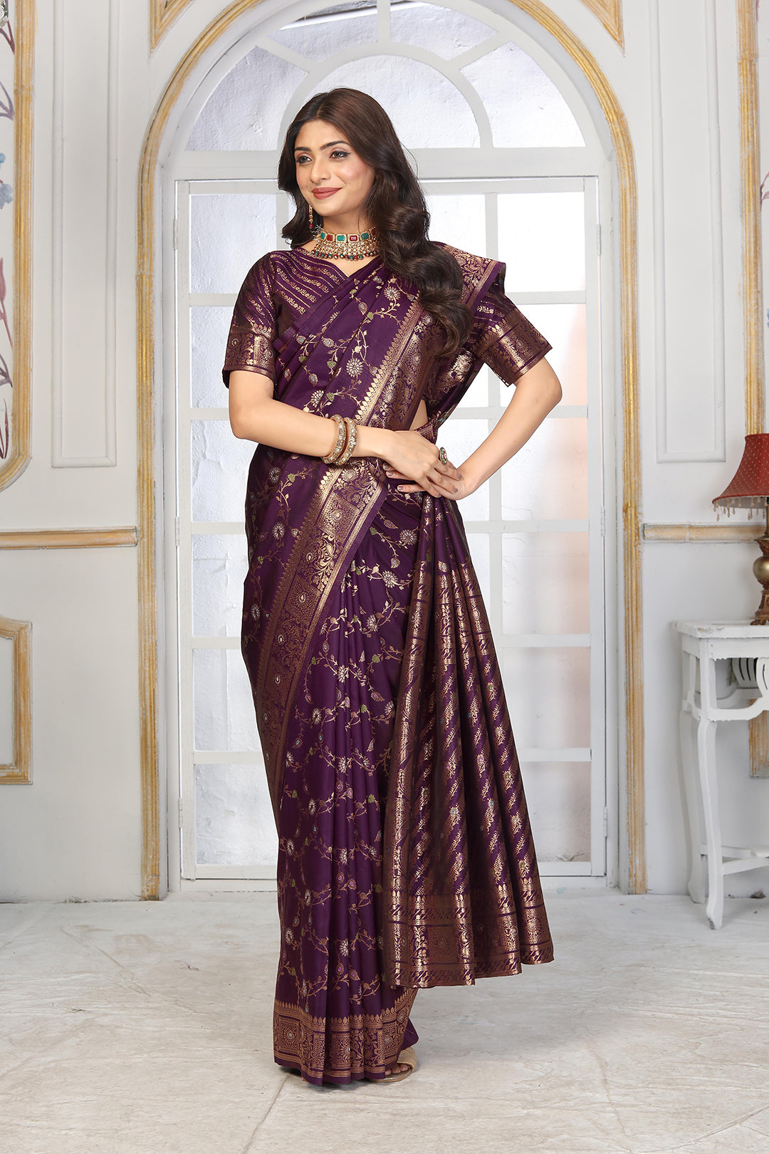 Imperial Purple Banarasi Jacquard Silk Saree with Grand Antique Gold Zari Work