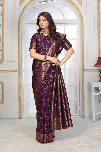 Imperial Purple Banarasi Jacquard Silk Saree with Grand Antique Gold Zari Work