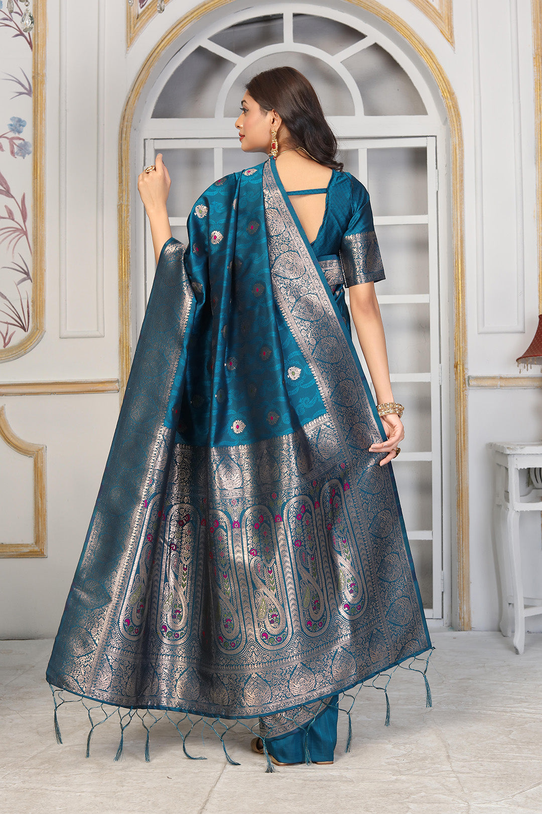 Peacock Blue Jacquard Silk Saree with Silver Zari & Multicolor Floral Buttas