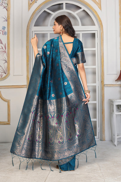 Peacock Blue Jacquard Silk Saree with Silver Zari & Multicolor Floral Buttas