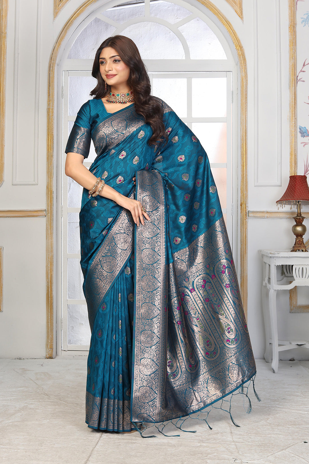 Peacock Blue Jacquard Silk Saree with Silver Zari & Multicolor Floral Buttas