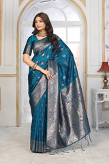 Peacock Blue Jacquard Silk Saree with Silver Zari & Multicolor Floral Buttas