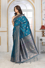 Peacock Blue Jacquard Silk Saree with Silver Zari & Multicolor Floral Buttas