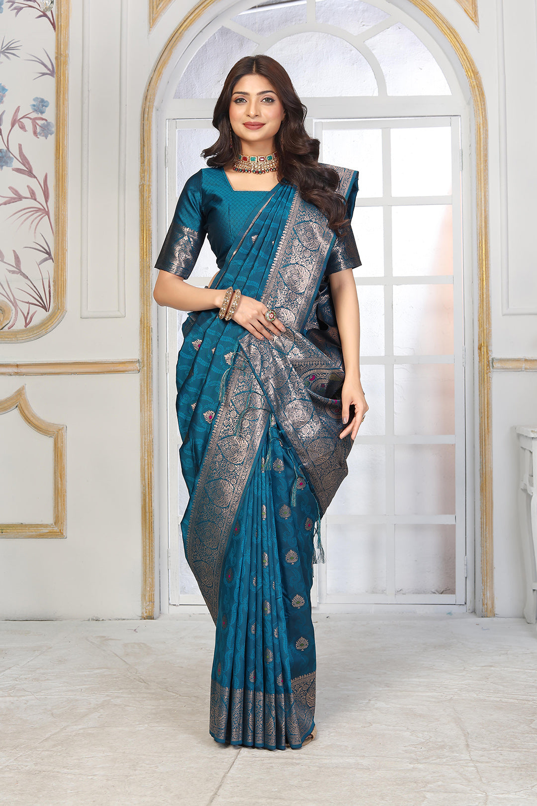 Peacock Blue Jacquard Silk Saree with Silver Zari & Multicolor Floral Buttas