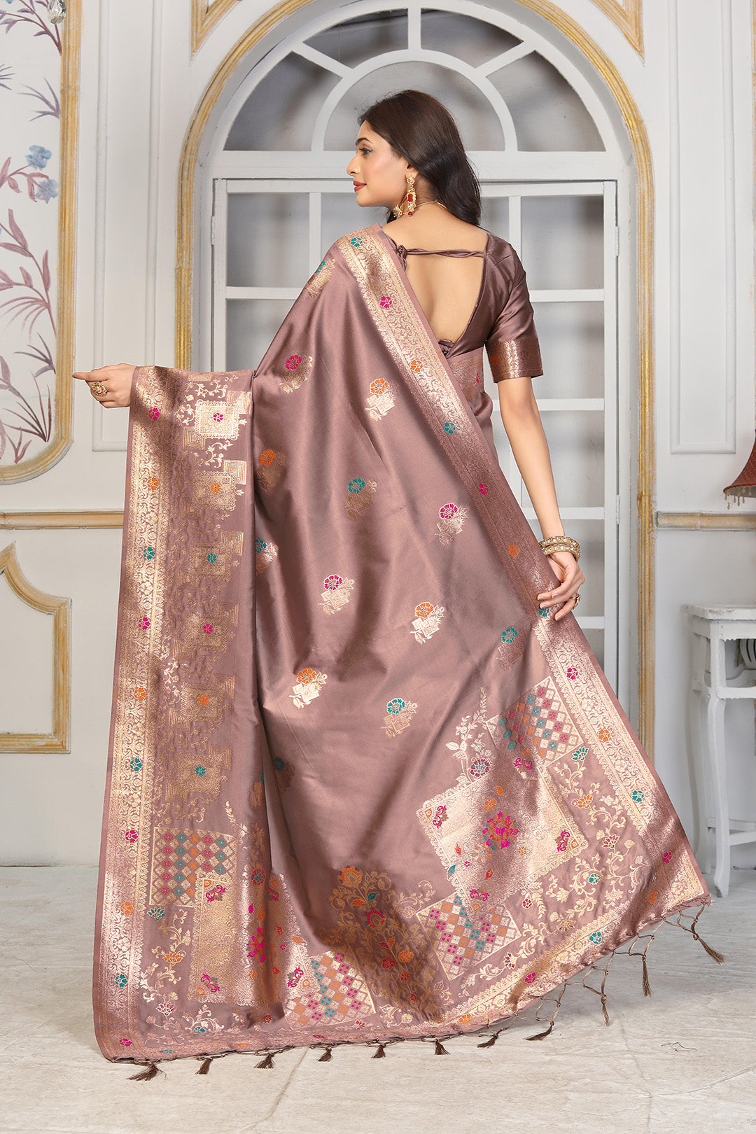 Champagne Mauve Jacquard Silk Saree with Multicolor Meenakari Zari Detailing