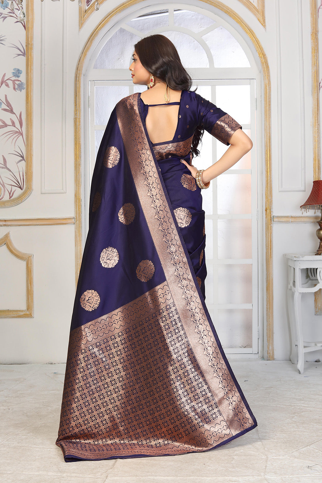 Royal Navy Blue Jacquard Silk Saree with Copper Zari Circle Motifs & Border
