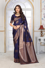 Royal Navy Blue Jacquard Silk Saree with Copper Zari Circle Motifs & Border