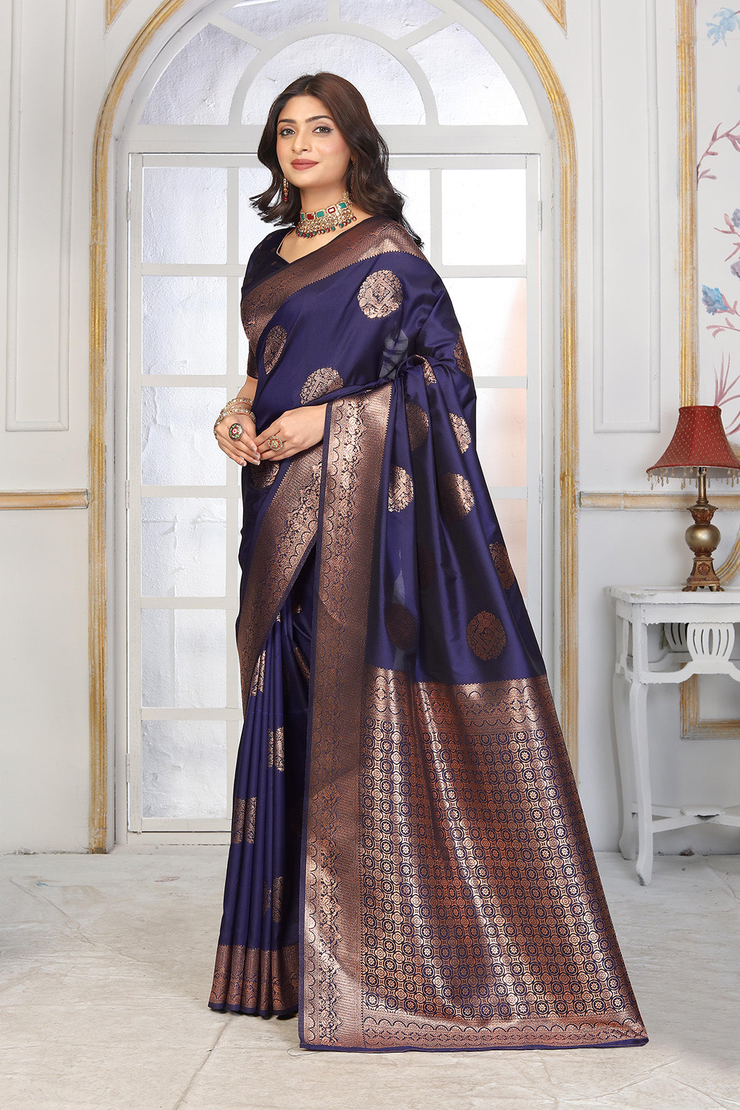 Royal Navy Blue Jacquard Silk Saree with Copper Zari Circle Motifs & Border