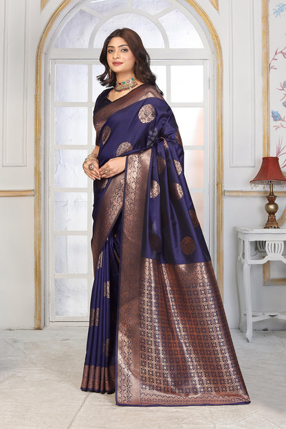 Royal Navy Blue Jacquard Silk Saree with Copper Zari Circle Motifs & Border