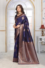 Royal Navy Blue Jacquard Silk Saree with Copper Zari Circle Motifs & Border