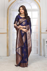 Royal Navy Blue Jacquard Silk Saree with Copper Zari Circle Motifs & Border