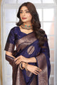 Royal Navy Blue Jacquard Silk Saree with Copper Zari Circle Motifs & Border