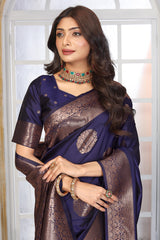 Royal Navy Blue Jacquard Silk Saree with Copper Zari Circle Motifs & Border