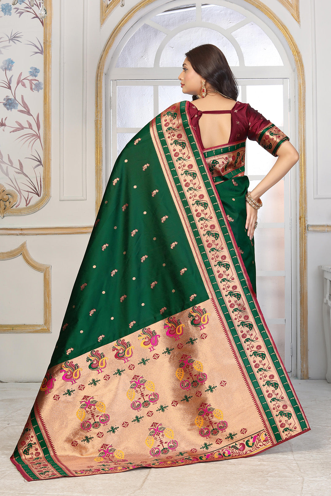 Traditional Bottle Green Paithani Silk Saree with Rich Gold Zari and Contrast Maroon Blouse