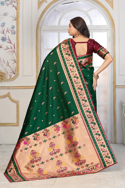 Traditional Bottle Green Paithani Silk Saree with Rich Gold Zari and Contrast Maroon Blouse
